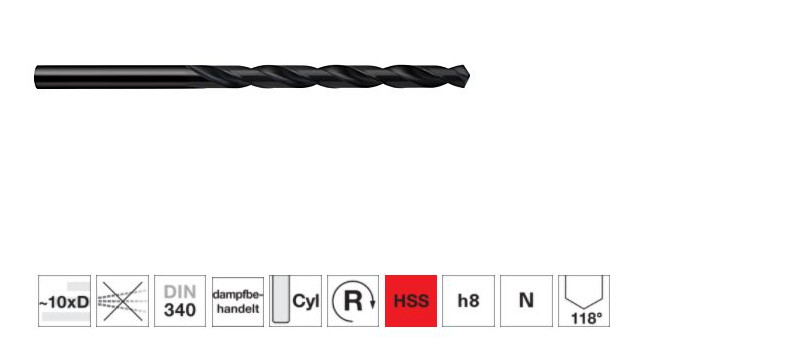 Spiralbohrer lang, HSS, DIN 340, dampfbehandelt, 10xD