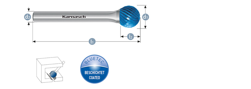Rotierfräser, Form KUD, Kugel, HP-1-VERZAHNUNG, BLUE-TEC-beschichtet