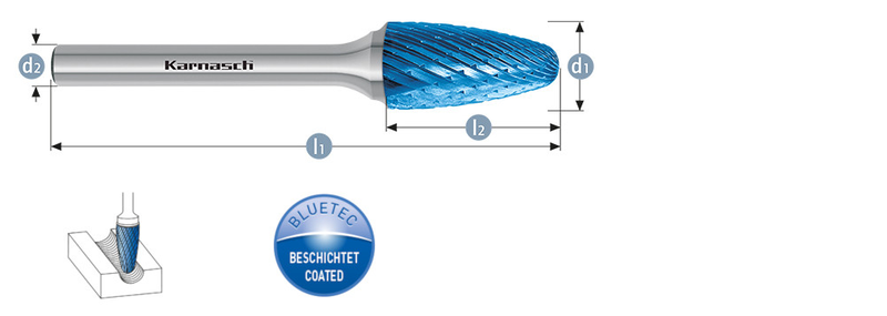 Rotierfräser, Form RBF, Rundbogen, HP-1-VERZAHNUNG, BLUE-TEC-beschichtet
