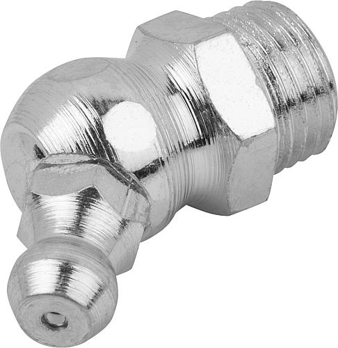 KEGELSCHMIERNIPPEL DIN71412, FORM:B ABGEWINKELT 45° M. 6-KANT, R1/8, L=25, STAHL GEHÄRTET UND VERZINKT