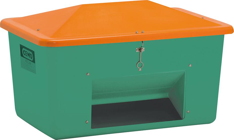 Streugutbehälter CEMO,  1100 l B1630xT1210xH1010 mm mit Entnahmeöffnung grün/orange CEMO