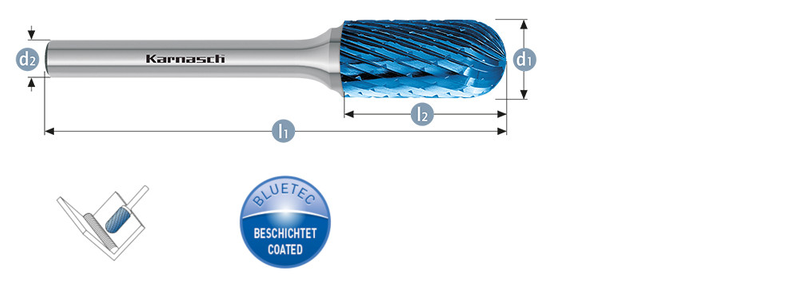 Rotierfräser, Form WRC, Walzenrundform, HP-1-VERZAHNUNG, BLUE-TEC-beschichtet